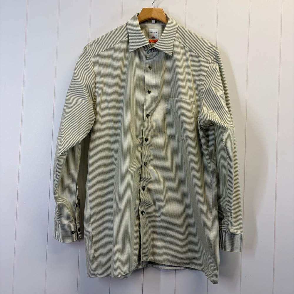 OLYMP Luxor Striped Modern Fit Button Down Shirt Mens XL Green White Non-Iron